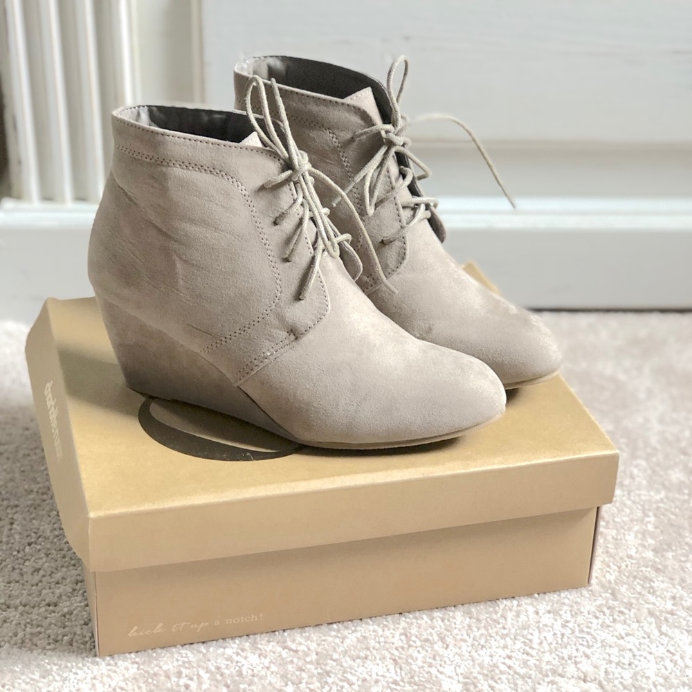 NWT Taupe Suede Wedge Bootie
